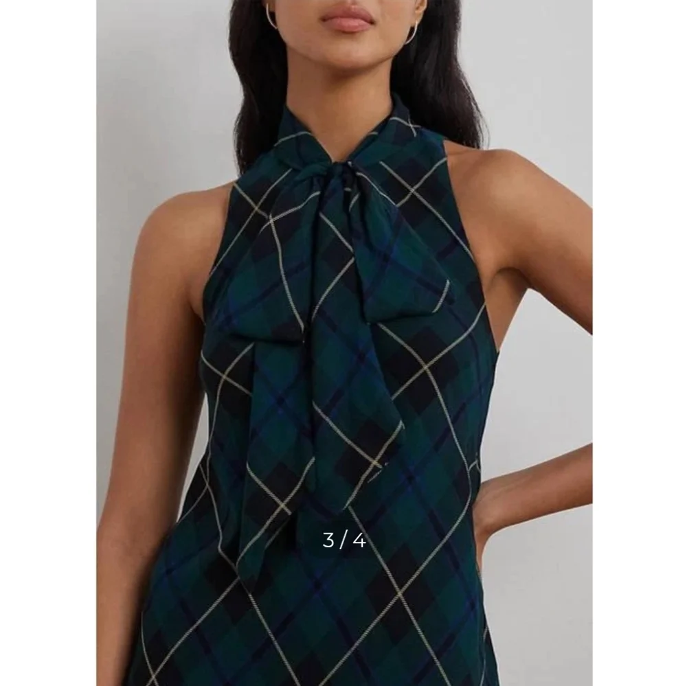 Ralph Lauren Dark Green and Navy Plaid Tie-Neck Maxi Dress with Bow - Picture 4 of 16